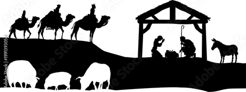 A Christmas nativity scene with baby Jesus in the manger and wise men a