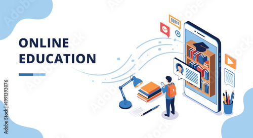 Online education concept depicting a student using a mobile phone to access a digital library and learning resources.