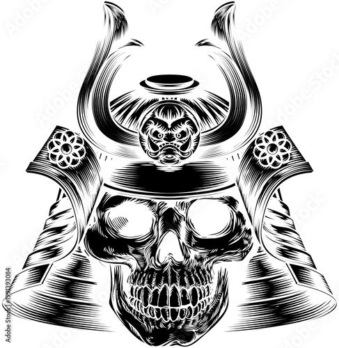 Detailed black and white illustration of a skull wearing a samurai helmet. Engraved style artwork ideal for tattoo art, dark fantasy themes, warrior symbolism, or historical design concepts.