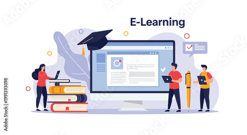 Students using laptops and books for e-learning with a graduation cap on a computer monitor symbolizing educational success.