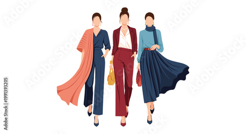 Group of three stylish women walking together in trendy autumnal and professional outfits for a city lifestyle.