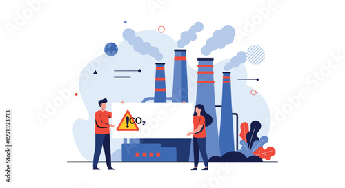 Concerned people protesting against air pollution and carbon dioxide emissions in front of a factory with smoking chimneys.