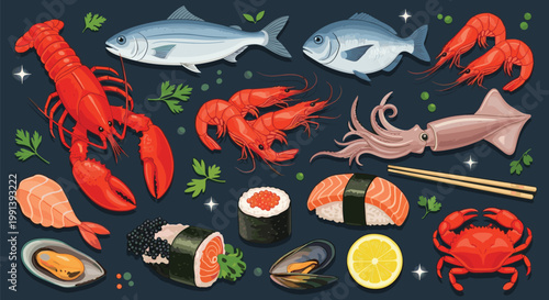 Comprehensive collection of various seafood items including lobster, fish, shrimp, crab, sushi, and shellfish on a dark background.