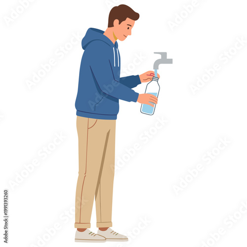 A man wearing a blue hoodie sprays liquid from a bottle with a nozzle.