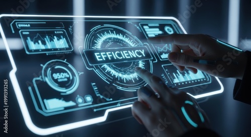 Person interacting with futuristic digital interface for efficiency metrics, for high performance, operational optimization, corporate success, advanced technological growth