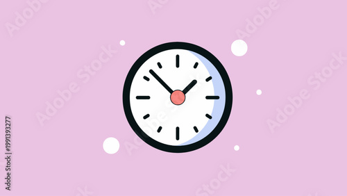 A minimalist illustration of a clock with hands pointing at 1010, set against a light purple background with scattered white dots