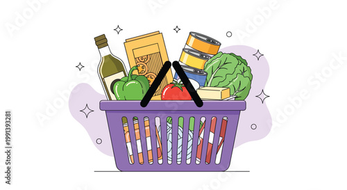 Purple plastic grocery basket filled with fresh food items like vegetables, bread, oil, and canned goods for shopping.