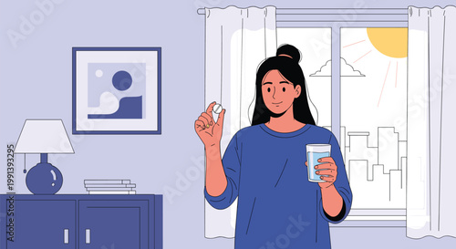 Young woman taking her daily medicine pill with a glass of fresh water in a bright bedroom during the sunny morning hours.