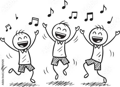 Three Happy Children Dancing And Listening Music Together With Full Of Joy isolated on transparent background, Vector, illustration