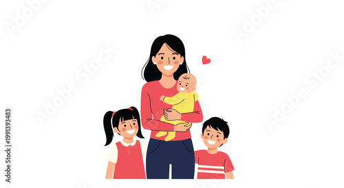Warm portrait of a loving mother hugging her three children with a red heart icon symbolizing maternal affection and care.