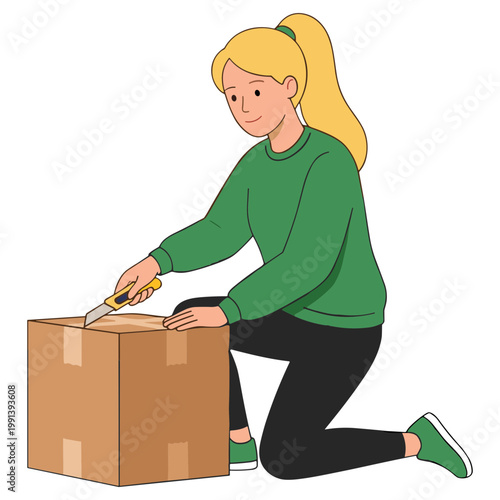 Woman kneels to cut open a cardboard box with a utility knife carefully
