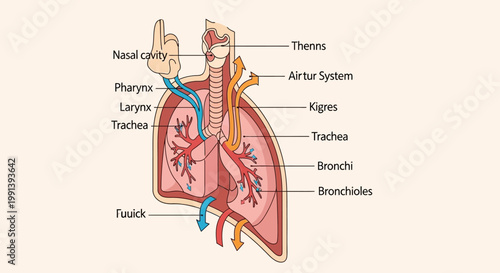 Human Respiratory System Anatomy Diagram with Labeled Parts.
