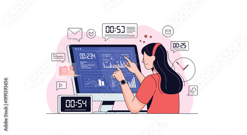 Business professional manages time effectively and tracks data analytics across multiple digital interfaces and clock displays.