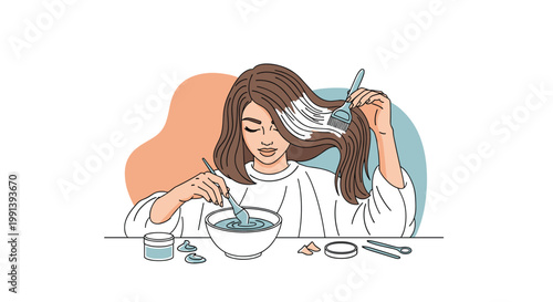 Young woman performs a hair coloring treatment at home by applying colorful dye to her hair strands using a professional brush.