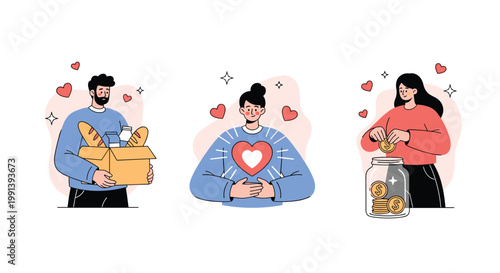 Charity and donation concept illustrates people giving food, sharing love, and contributing money to support an important cause.