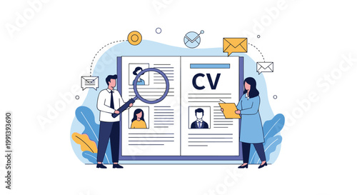 Recruitment specialists use a magnifying glass to review various candidates professional resumes and CVs for hiring purposes.