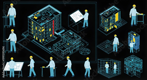 AutoCAD Architectural Human Figures Blueprint Vector – Multi View Color Variation CAD People Set Cyan Outline on Black Background