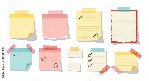 Collection of colorful sticky notes with tape and writing.