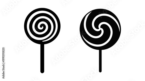 Two black and white lollipop illustrations with spiral patterns.