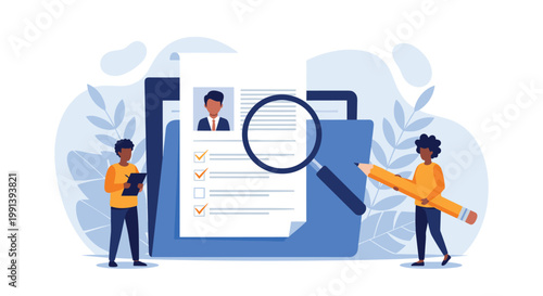 HR professionals conduct an intensive recruitment process by reviewing candidate profiles and resumes with careful inspection.