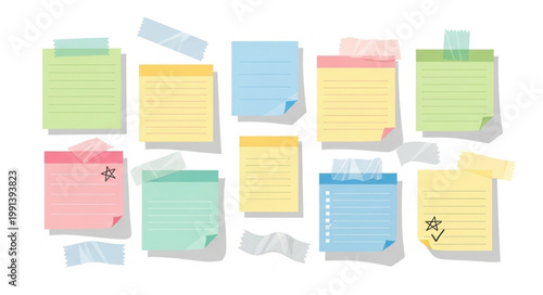 Collection of colorful sticky notes with tape and writing.