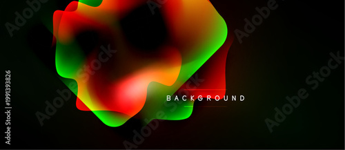 Abstract fluid shapes, vibrant colors blend. Dark background emphasizes glowing forms, modern design element.