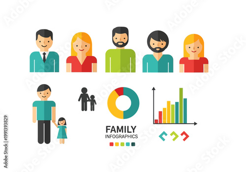 Flat Vector Family Infographics Set with Demographic Data Charts and People Avatars