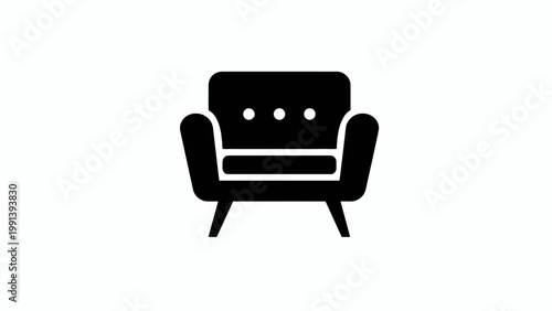 Clean and simple black armchair icon representing home comfort and modern interior design elements in a minimalist style