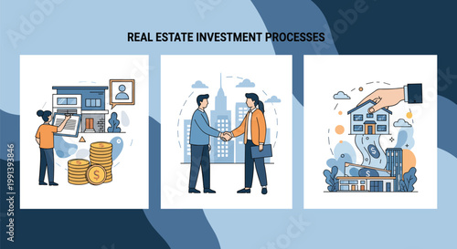 Real estate investment processes include property planning, contract signing through handshakes, and final acquisition.