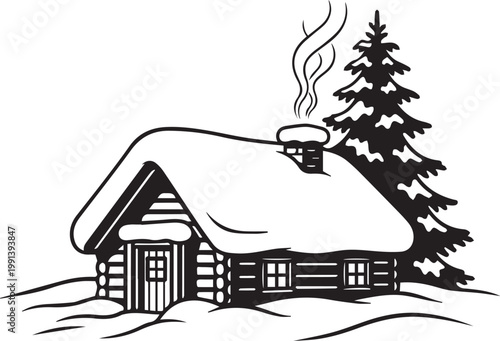 A Cozy Winter Scene Of A Snowy Log Cabin With A Pine Tree isolated on transparent background, Vector, illustration