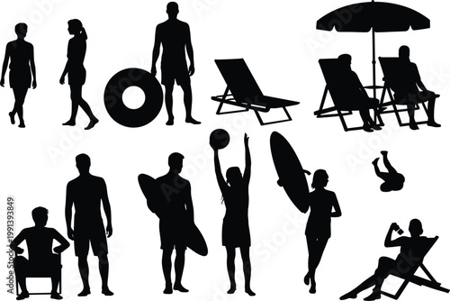 Silhouette Collection of People Enjoying Summer Beach Activities with Surfboards Parasols and Sun Loungers for Vacation Concept
