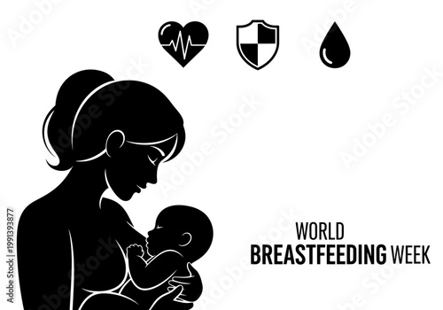 World Breastfeeding Week Silhouette with Health, Immunity and Nutrition Icons - Mother Breastfeeding Baby Graphic