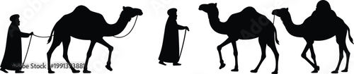 Bedouin Men Silhouette Walking with Camels Across Desert Representing Middle Eastern Heritage Culture and Traditional Caravan Travel Journey