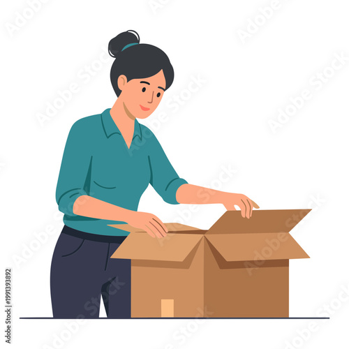 Woman opens cardboard box in office setting with careful hands