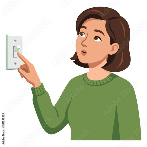 Woman turning on light switch with surprised expression indoors