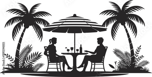 Couple Silhouette Enjoying Drinks at Beach Table with Palm Trees Representing Romance Luxury Travel and Relaxation Concept