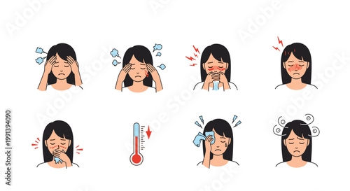 Various common illness symptoms and health issues are depicted including fever, headache, runny nose, and dizziness problems.