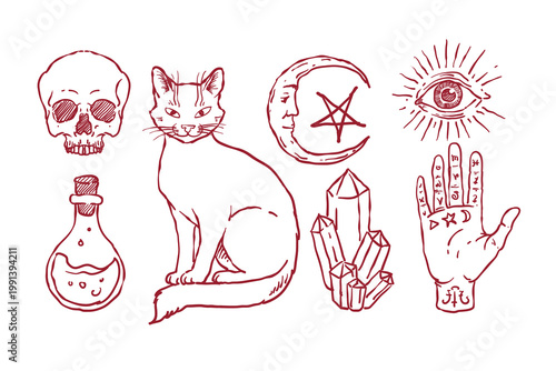 Set of mystical magic boho elements, vector Witchcraft astrological Esoteric alchemy occult in hand drawn sketch line illustration style, design isolated on white background