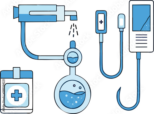 Medical equipment and IV drip system with healthcare treatment illustration set