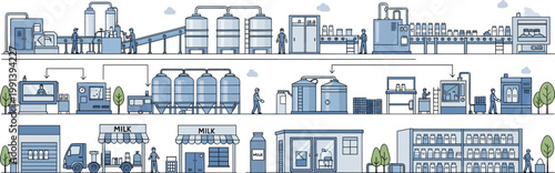 Milk production process from farm to factory with dairy processing packaging distribution and retail workflow industry illustration collection