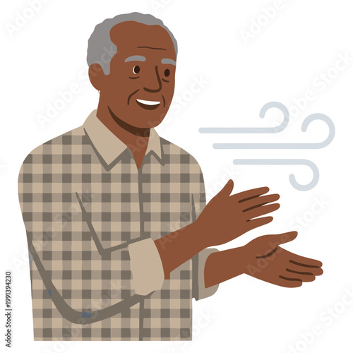 An elderly man gesturing to wind blowing beside him indoors.