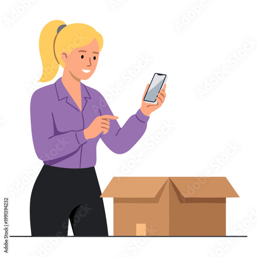Woman unpacking box while checking phone indoors with excitement