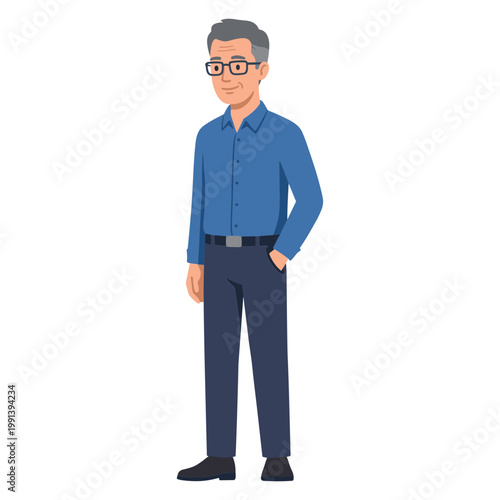 A cartoon man wearing glasses and a blue shirt stands confidently