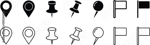 Set of Map Pin and Navigation Icons Including Pushpins Flags and Location Markers for User Interface Design