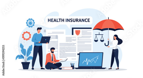 Health insurance professionals manage various policies and protect clients interests under a symbolic safety umbrella.