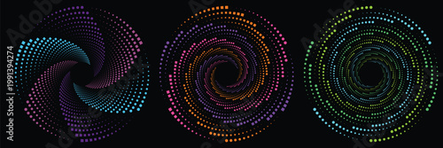 Abstract halftone spiral vector set, colorful dotted swirl circular patterns, geometric radial vortex design elements on black background