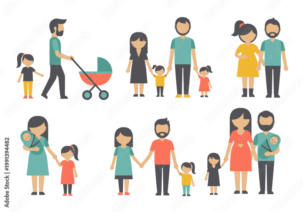 Fototapeta premium Collection of flat vector family icons and characters featuring parents with children, babies in strollers, pregnant women, and diverse household units.