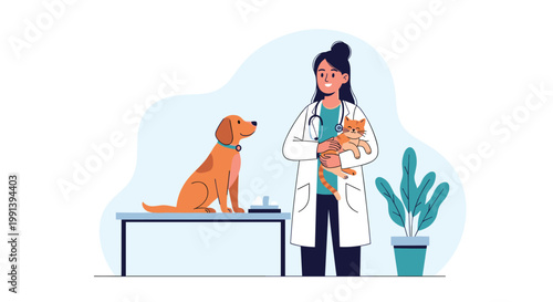 Professional female veterinarian wearing a lab coat holding a cat while a dog sits patiently on an examination table in a clinic.