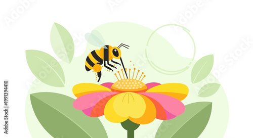 A cute cartoon honey bee collecting nectar from a colorful flower.