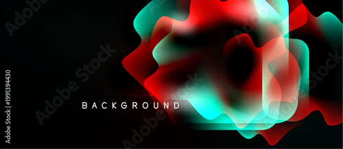 Abstract fluid shapes overlap, creating vibrant red, teal gradients. Dark background emphasizes dynamic color blends. Text reads background.